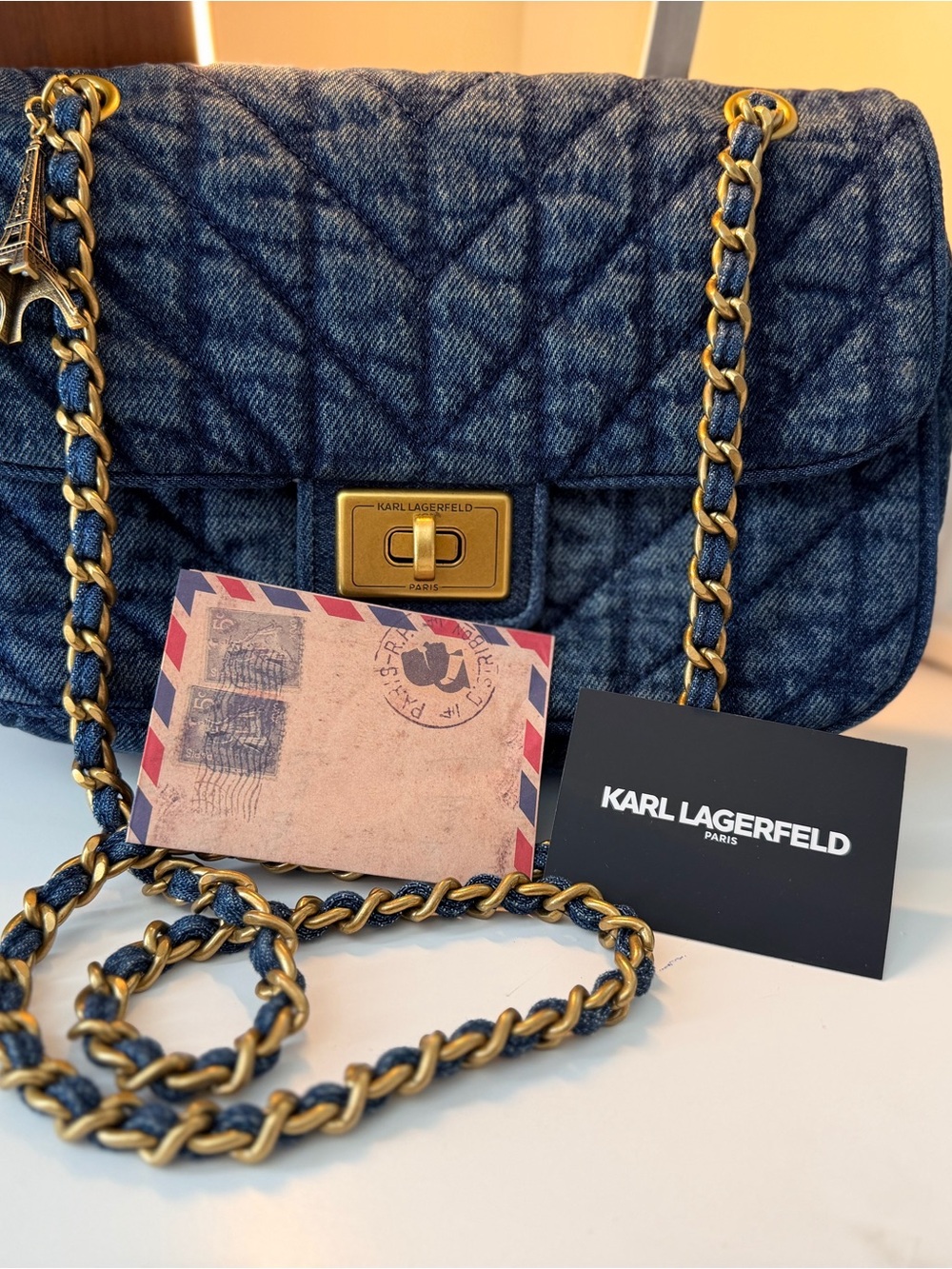 Karl Lagerfeld Quilted Denim Shoulder Bag with Gold Chain